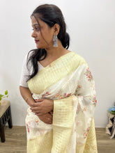 Modal Chanderi Golden Zari Floral Printed Light Yellow Saree